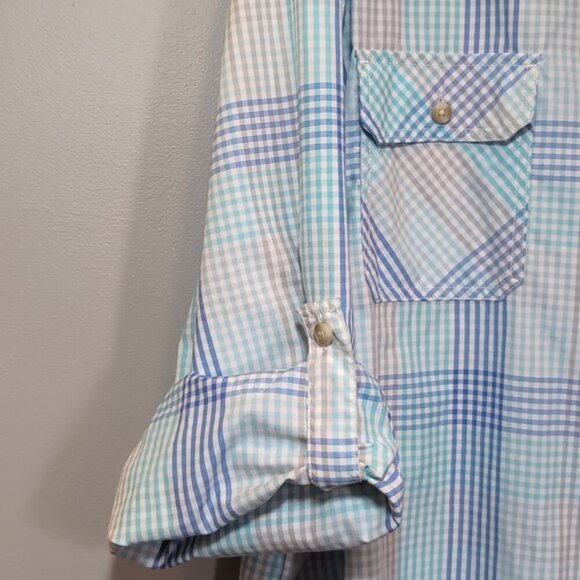 IZOD Surfcaster Button Down Shirt Long Roll Tab Sleeve Plaid Print Flap Pocket - Picture 7 of 12